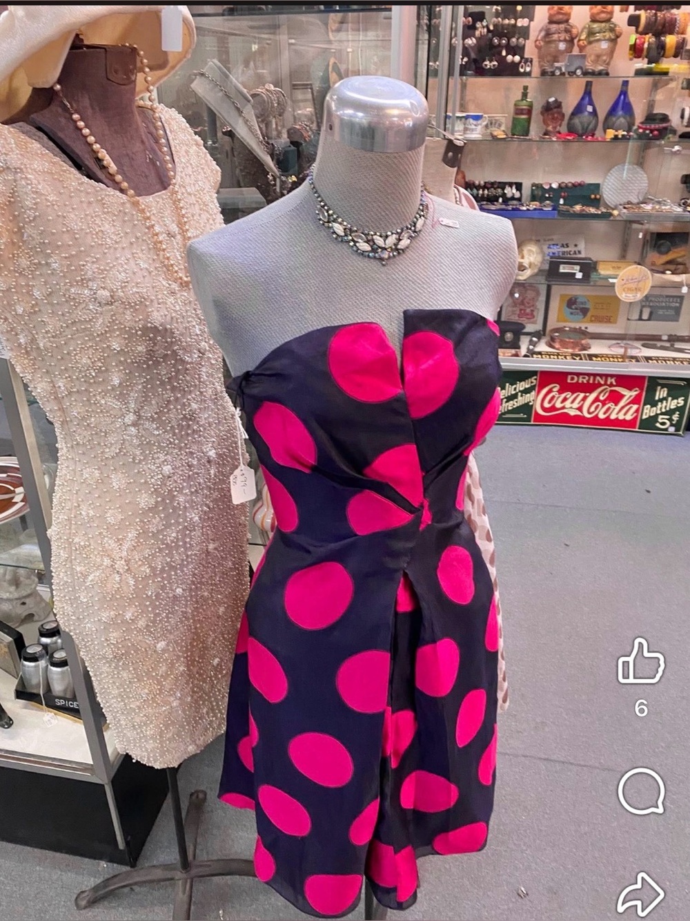 Armani Collezioni Strapless Navy Dress with Hot Pink Polka Dots sz 2
